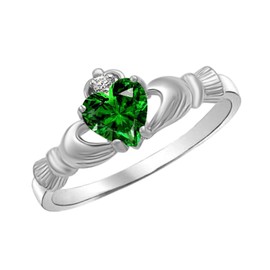 Jewel Zone US Heart Shaped Simulated Green Emerald & Cubic Zirconia Claddagh Ring in 14k White Gold Over Sterling Silver
