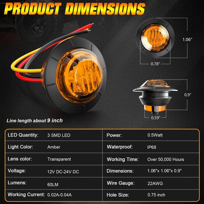 BJZ 3/4" Strobe+Marker Lights Dual Function Amber Trailer LED Side