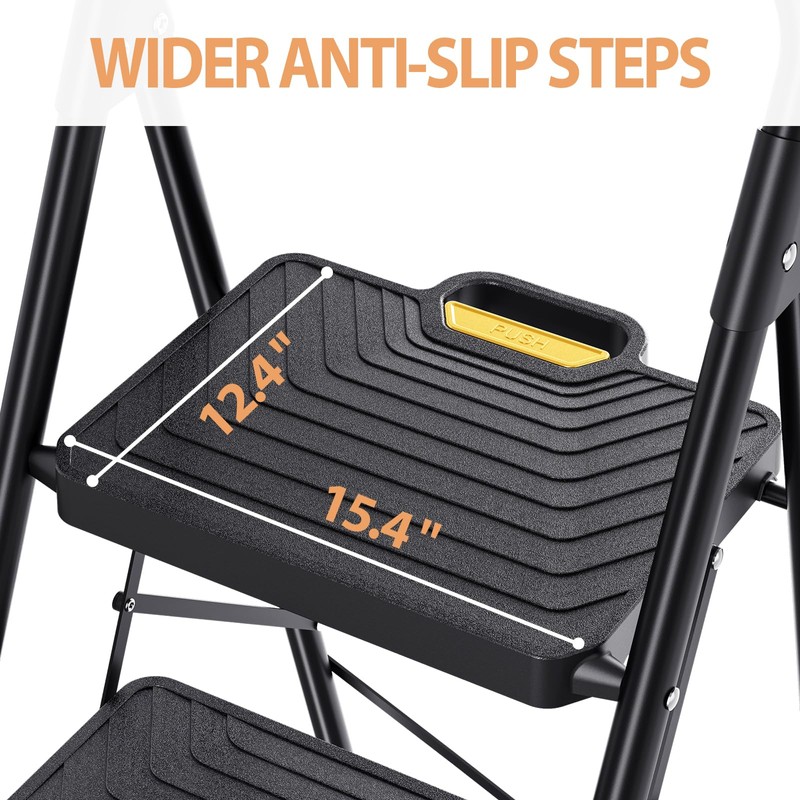 TOOLF Step Ladder, Sturdy Steel Step Stool with Anti-Slip Wide