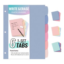 Sooez 6-Tab Durable Plastic Write & Erase Big Tab Dividers for 3 Ring Binder, Aesthetic Cute Pastel Binder Dividers for Student, Teacher, Office, Home Organizers, 1 Sets, Elegant
