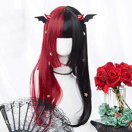 Harajuku Style GAL Women's Wig, Full Wig, Long Straight Red, Black, Double Color, Lolita, Harajuku Style Wig, Red