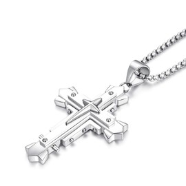 YL Cross Necklace for Men Stainless Steel White Gold Pendant Rolo Chain Jewelry