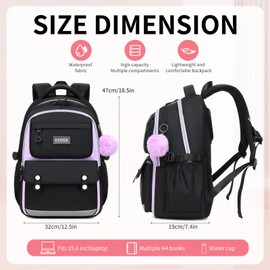 CYOQX School Backpack for Girls Cute Backpack Elementary Middle School High School Teenage Girls Schoolbag (Black Purple)