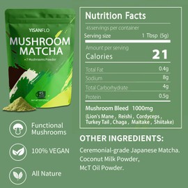 YISANFLO 7-in-1 Mushroom Matcha for Energy, Focus, Digestion, Immunity, Turkey Tail, Shiitake, Lion's Mane, Ceremonial-Grade Matcha Mushroom Powder 8 Oz(45 Servings)