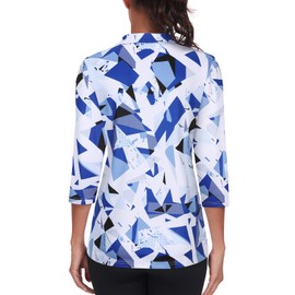 Tanst Sky Women's 3/4 Sleeve Polo Shirts, Golf Top for Women Zipper Collared Curved Hem Moisture Wicking Quick Dry V Neck Workout Tennis Bowling Ladies Athletic Clothes Geometric Blue Medium