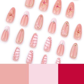 Press on Almond Nails Spring Glossy Full Cover Medium Almond False Nails with Floral Designs Artificial Almond Shaped Fake Nails with Charms Glue Stick ons Fingernails for Women Girls(JP3514)