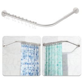 L Shaped Shower Curtain Rod, [24"-53"] x [24"-53"] Adjustable Corner Shower Curtain Rod, No Sagging Silver Corner Shower Rod with 12 Ring Hooks & Ceiling Support for Bathroom, Bathtub