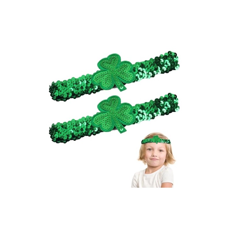 Wziys 2pcs St. Patrick's Day Green Sequins Shamrock Headbands Elastic