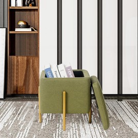 Adeco Upholstered Tufted Square Storage Ottomans, Olive Green Modern Fabric Footrest Ottomans with Storage for Couch Small