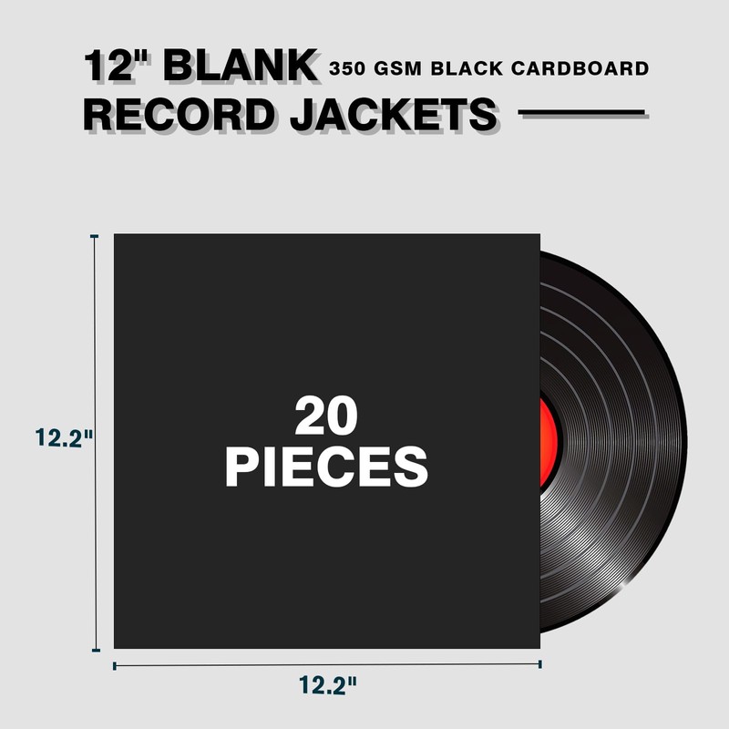 20PCS Black 12-Inch LP Vinyl Record Jackets, 350gsm Cardboard Sleeves