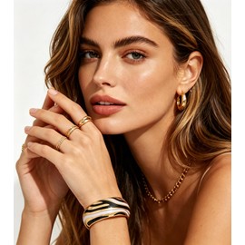 Wotfim Chunky Gold Bangle Bracelets for Women Enamel Zebra-Print Cuff Bangle Trendy Statement Cuff Bracelet Stack Jewelry Gift-TW-Black White