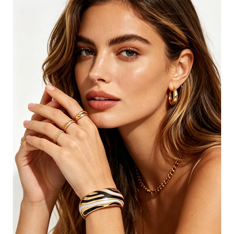 Wotfim Chunky Gold Bangle Bracelets for Women Enamel Zebra-Print Cuff