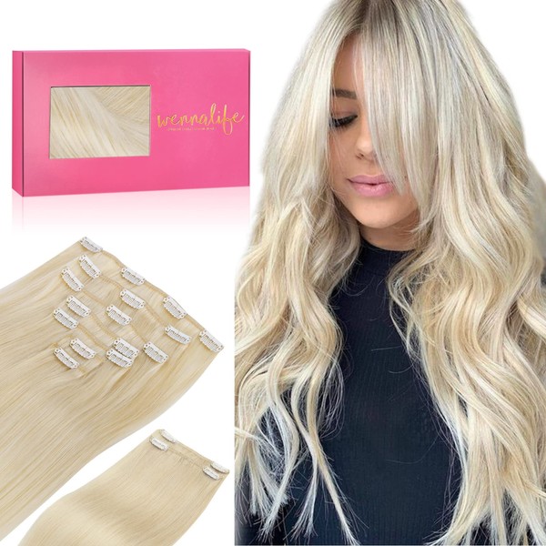 WENNALIFE Clip in Human Hair Extensions, 22 Inch 150g 9pcs Clip in Hair Extensions Real Human Hair, Platinum Blonde Human Hair Clip in Extensions Remy Human Hair Extensions Clip Ins Double Weft