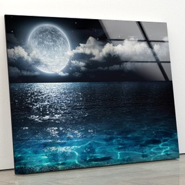 Myphotostation Moon View Tempered Glass Wall Art 20Wx14H'' Night Sky Full Moon Modern Art Decor Glass Printing Large Wall Art for Living Room Tempered Glass Panel Sky and Sea View Wall Decor