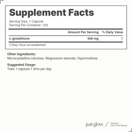 Just Glow Just Glow L-Glutathione 500mg - 120 Capsules - Purity >99% - 3rd Party Test Provided - Reduced Active Form - Pure Glutathione Supplement for Antioxidants - Made in Canada (4 Months Supply / 1 Bottle)