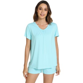 WiWi Pajamas for Women Loose Comfy 2 Pieces Pj Set Top and Shorts Viscose from Bamboo Loungewear S-XXL, Aqua, X-Large