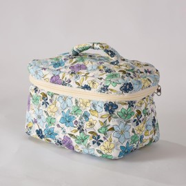 Sparkle Being Meadow Magic Floral Quilted Cotton Cosmetic Zipper Pouch, Large Capacity Makeup Accessories Storage Bag for Women Girls, Aesthetic Coquette Travel Toiletry Organizer (Set of 3)