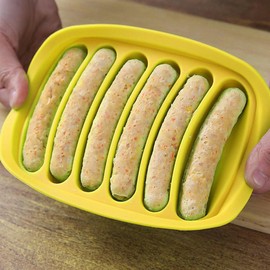 AKOAK 1 Pack Silicone Sausage Mold, 6-cavity - Homemade Hamburger Hot Dog Ice Loaf Candy Jelly Chocolate Tray Mold, DIY Children's Hot dog Egg Sausage Baking Mold with Lid (Yellow)