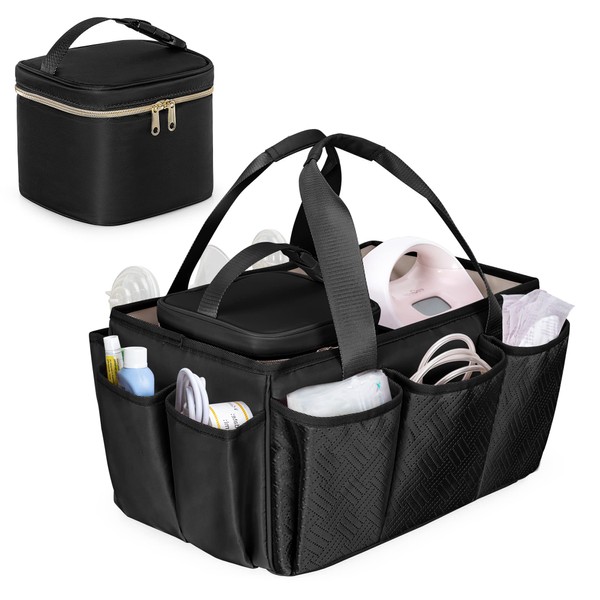 Fasrom Breast Pump Caddy Organizer Bag with Cooler Compatible with Spectra S1 and S2, Pumping Tote Bag Baby Diaper Storage Basket to Hold Pump Parts and Baby Items, Black (Patent Design)