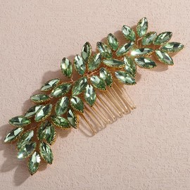 Lenjicons Dainty Rhinestone Hair Comb Teardrop Rhinestone Wedding Hair Comb Handmade Crystal Headpiece Bridal Hair Accessories for Brides Bridesmaid (Grass green(gold))