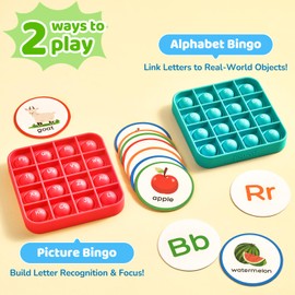 JoyCat Alphabet Bingo Board Game,ABC Learning Toys for Kids Ages 3-5,Bingo Game for 2 to 6 Kids Kindergarten Preschool 1st 2nd 3rd（6 Fidget Pads + 26 Flash Cards）