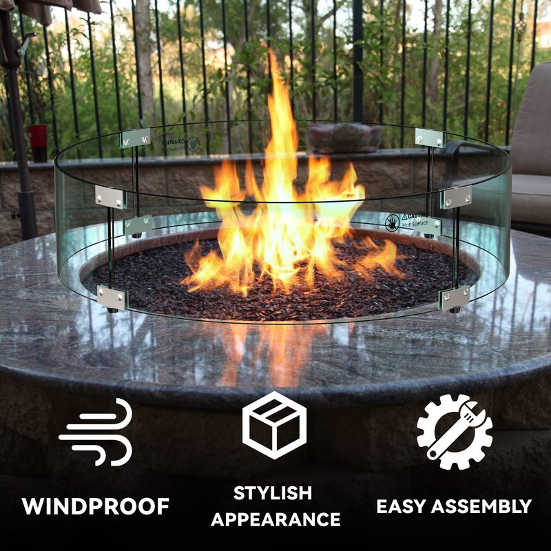 Skyflame 24" Round Fire Pit Glass Wind Guard, Thick &
