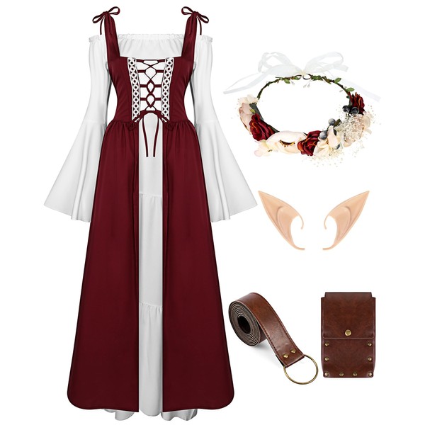 Foaincore Women Renaissance Dress Medieval Fairy Costume with Flower Crown,