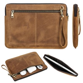 CONTACT'S FAMILY Leather Laptop Sleeve Compatible with 14.2inch MacBook Brown