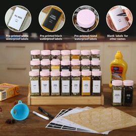 GMAMXD 48 Glass Spice Jars with Labels,Spice Jar Set,4oz Seasoning Containers,Spice Containers with Pink Airtight Lids and Shaker Lids,Square Empty Spice Bottles, 492 Labels,2 Marker Pens,1 Funnel