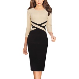 VFSHOW Womens Beige and Black Colorblock Patchwork Slim Zipper Up Work Business Office Party Bodycon Pencil Sheath Dress 6472 APT XXL