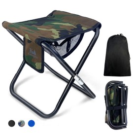 K-MingleSo Upgraded 13 Inch Portable Folding Camping Stool with Side Pocket Mesh Pocket and Molle System, Lightweight Foldable Stool for Adults Gardening Travel BBQ Fishing with Carry Bag[Camo]