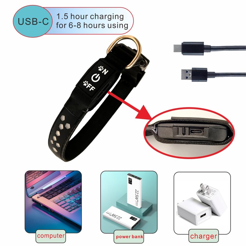 LED Dog Collar, 15 Light Modes, USB-C Rechargeable, Glow Light