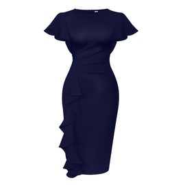 Memoriesea Women's Vintage Church Ruffle Sleeve Ruched Bodycon Work Midi Pencil Dress Navy Blue