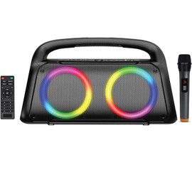 Boytone, Portable Bluetooth Party Box Speaker with LED DJ Lights, VHF Wireless Microphones, Remote Control, 60W Powerful Speaker, TF Card/USB, TWS, for Indoor/Outdoor Events (BT-61K)
