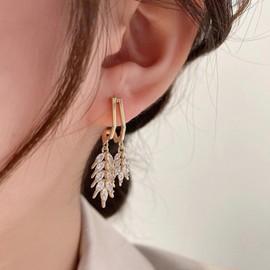 Boho Gold Wheat Ear Drop Earrings Fashion Leaf Dangle Earrings Golden Plated Leaf Long Tassel Earrings Cluster Leaf Drop Earrings Jewellery for Women and Girls, Zinc, Cubic Zirconia