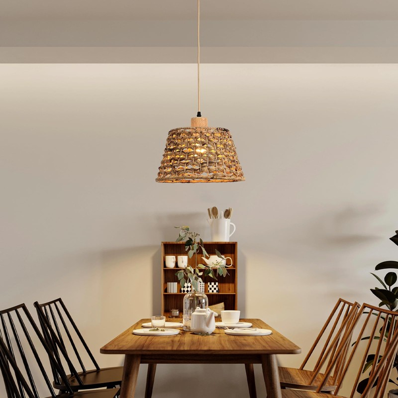 Karjearl Rattan Boho Pendant Light, 12" 1-Light Hand-Woven Wicker Pendant
