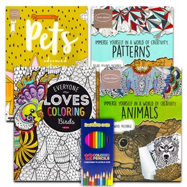 Adult Coloring Books Value Set -- 4 Assorted Coloring Books for Adults with Colored Pencils Kit (Over 120 Stress Relieving Patterns)