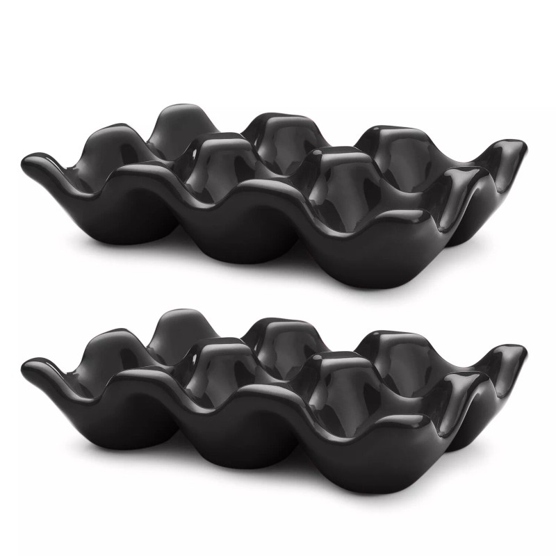 Ceramic Egg Tray 6-Cup Egg Holder Container for Fridge (Black,