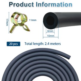 6 mm Petrol Hose Set, 2.4 Metres, Fuel Hose, Black Oil Hose, Diesel Hose with 20 Pieces Hose Clamps for Lawnmower, Tractor, Car, Moto, Small Engines