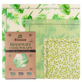 Biosso Premium Beeswax Food Wraps Set - Pack 6 Reusable Food Storage Wrappers - Biodegradable Cotton Cloth & Wax Wrap - Small, Medium, Large - Sustainable Lunch Bags, Sandwich Wraps & Bowl Covers