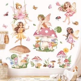 decalmile Wall Sticker Fairy Flowers Children's Room Wall Sticker Pink Butterfly Mushroom Floral Wall Sticker Girls Nursery Bedroom Baby Room Wall Decoration