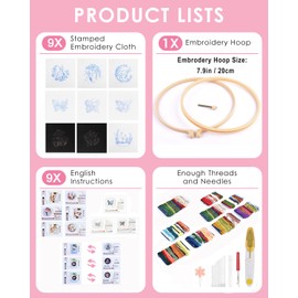 TINDTOP Embroidery Kit for Adult for Beginners, 9 Sets Hummingbird Butterfly Mushroom Flower Embroidery Kit for Beginners Include Embroidery Cloth Hoop Threads with Embroidery Skill Techniques