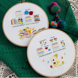 Evhelys Level 1 Hand Embroidery Kit, Basic Stitching for Beginners, 2 Sets in Pack, 1 Hoop, Embossed Cloth, Instructions Included, 2 Needles, 12 Pieces Embroidery Stitch Practice Kit (Shred+Flower)