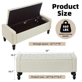 DRM‘SCUUM 50" W Storage Ottoman Bench with Safety Hinge, Load up to 660 lb Ottoman with Storage, Upholstered Tufted Entryway Bench with Seating for Living Room, Bedroom, Entryway, Beige