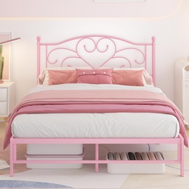 Elephance Full Bed Frame with Headboard Metal Bed Frame Full Size with 11.2" Storage Space No Box Spring Needed Easy Assembly,Pink