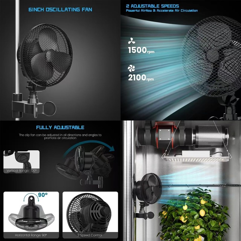 CDMALL DE-Power 6" Grow Tent Fan, EC Motor, Black Oscillating