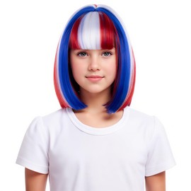 WAVELNM Kids White Blue Red Wig with Bangs Girls Short Bob Wig Child USA Flag Wigs Synthetic 4th of July Wigs for Kids