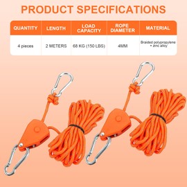 Pack of 4 Rope Ratchet, 4 m Windproof Outdoor Rope with Ratchet, Guy Ropes with Rope Tensioner for Outdoor Camping Awning (Orange)