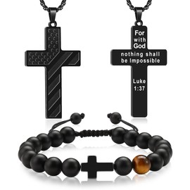 YUCSAWJK Cross Necklace Bracelet Set 26 Inch Stainless Steel Necklace Adjustable Natural Stone Bracelet Men Boys Holiday Jewelry Gift (Luke 1:37)