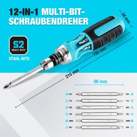 DURATECH Screwdriver 12 in 1 Function, Ratchet Screwdriver Set with 6 Double Head Quick Release Bits, Screwdriver with Quick Change Structure and Premium S2 Bits (Torx, Phillips and Slotted)